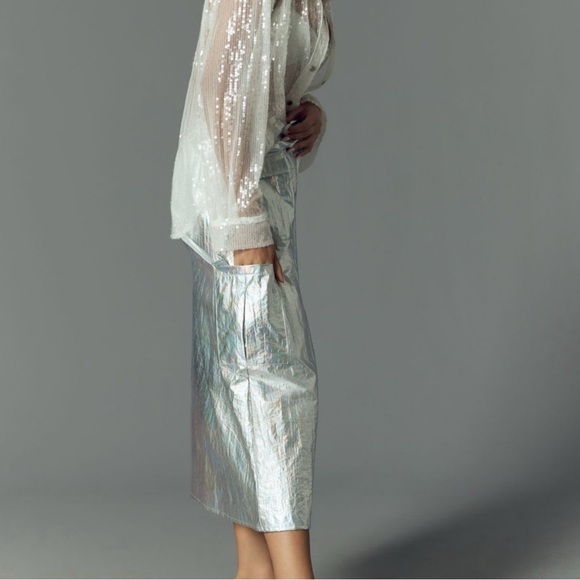 By Anthropologie Metallic Shine Cargo Midi Skirt Silver Small - Picture 2 of 13
